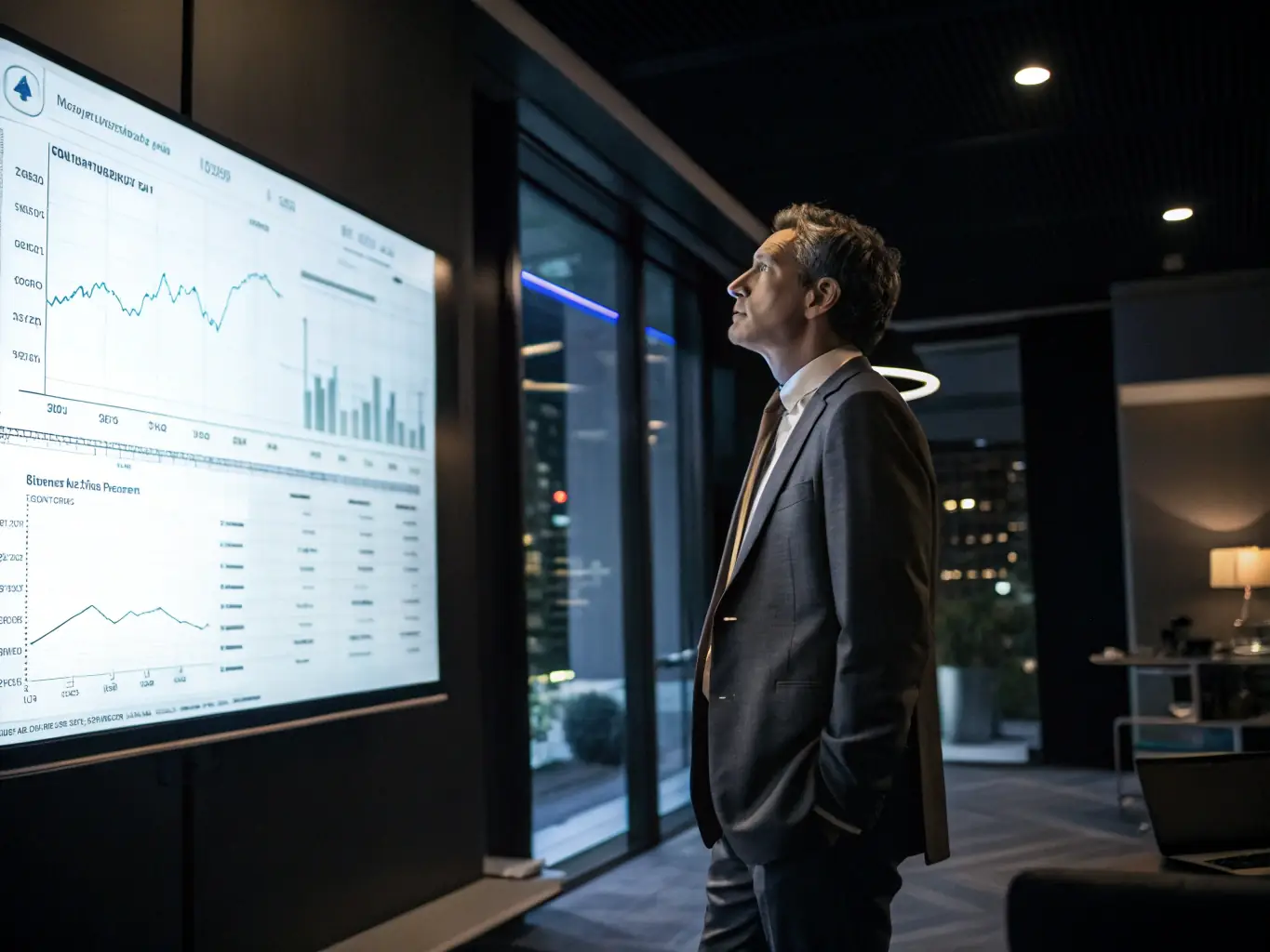 A professional businessman analyzing financial data on a computer screen in a modern office setting, showcasing the power of data-driven decision-making.